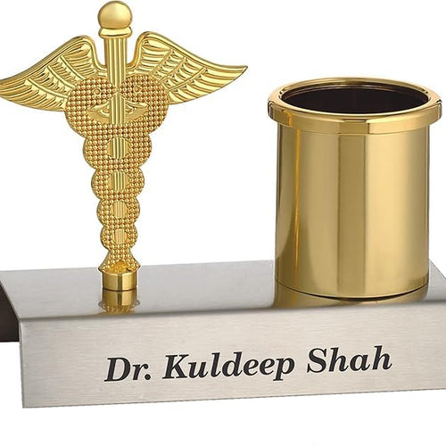 Name Personalized Stainless Steel Pen & Pencil Holder Stand With Golden Metal Doctor Logo & Storage, Best For Gift (Pack Of 1)