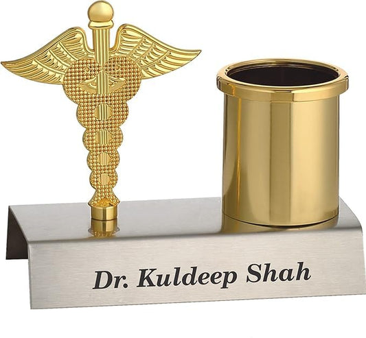 Name Personalized Stainless Steel Pen & Pencil Holder Stand With Golden Metal Doctor Logo & Storage, Best For Gift (Pack Of 1)