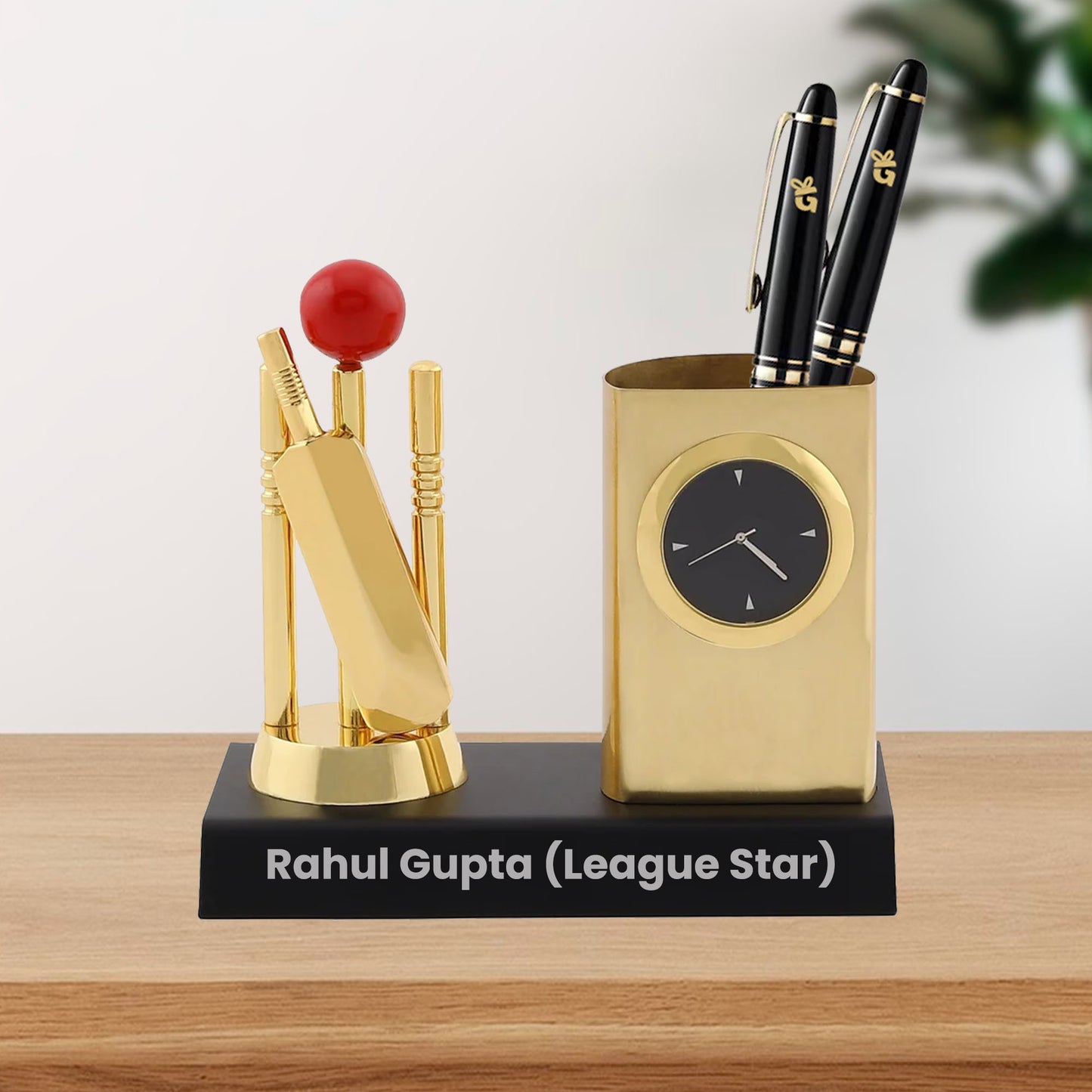 Cricket Pen Stand with Clock Metal