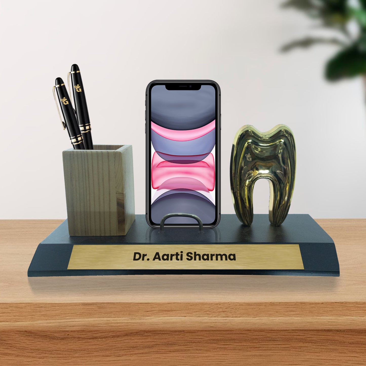 Metal Teeth Desk Organizer with Wooden Base for Dental Surgeons