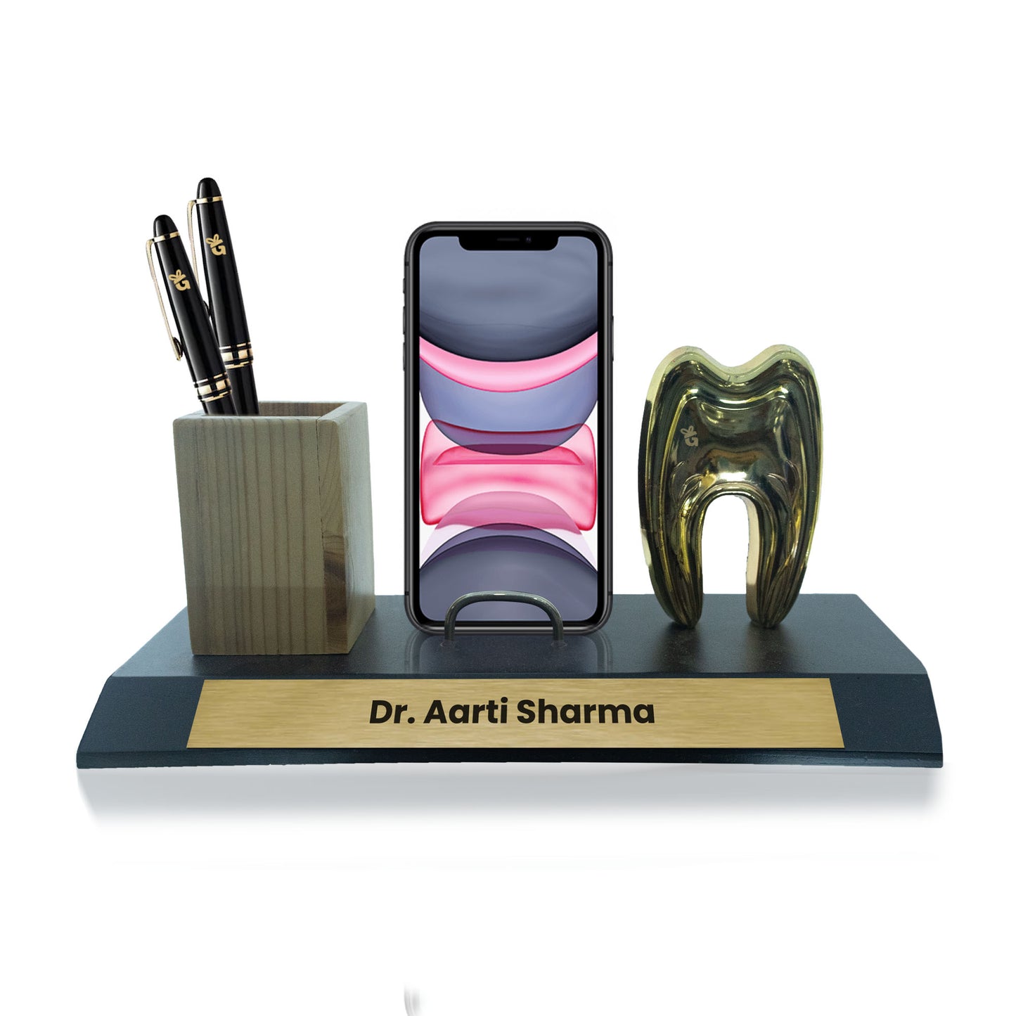 Metal Teeth Desk Organizer with Wooden Base for Dental Surgeons