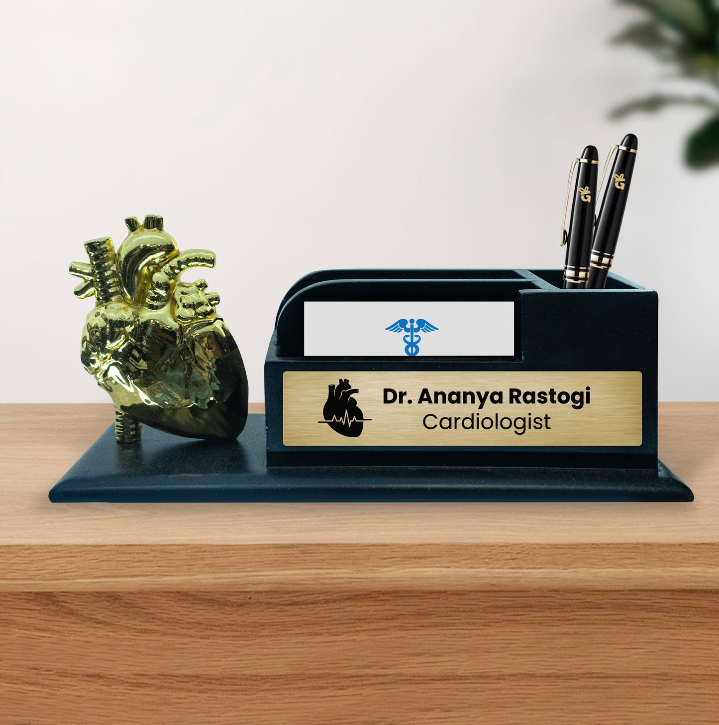 Heart Sculpture for Cardiologists Customizable Wooden Desk Organizer with Metal