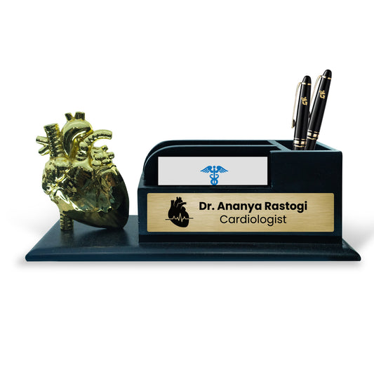 Heart Sculpture for Cardiologists Customizable Wooden Desk Organizer with Metal