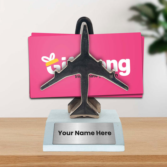 Plane-Shaped Desk Visiting Card Holder with Wooden Base and Metal Plane