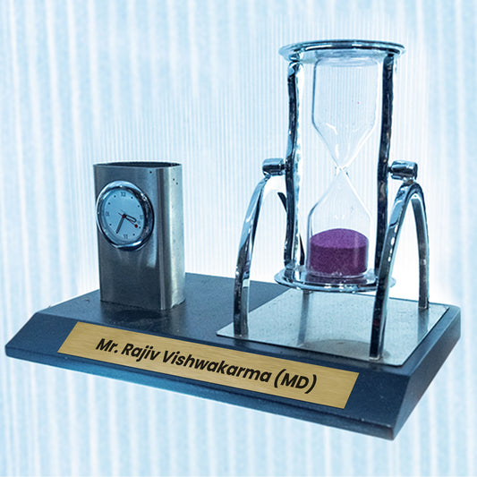 Sand Clock Metal Pen Stand with Wooden Base