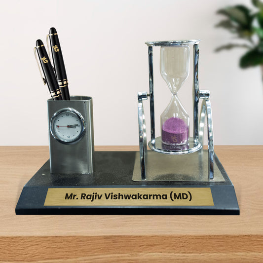 Sand Clock Metal Pen Stand with Wooden Base