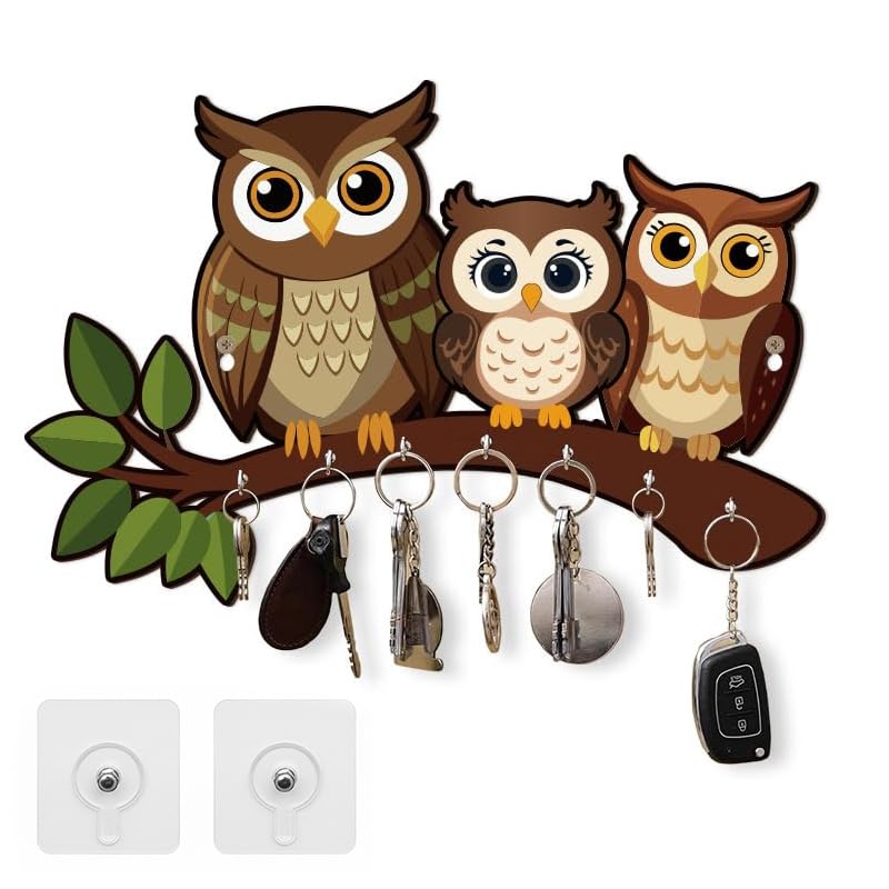 Charming Owl Family Wooden Key Holder - No Drilling, Easy Wall Decor
